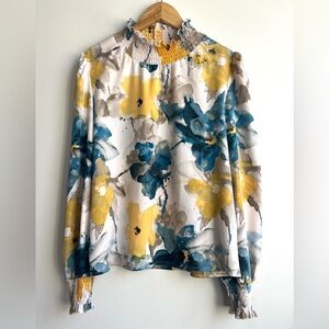 Stunning Watercolor Floral Ruffled Mock Neck Ruffled Sleeve Indi Sleeze Blouse